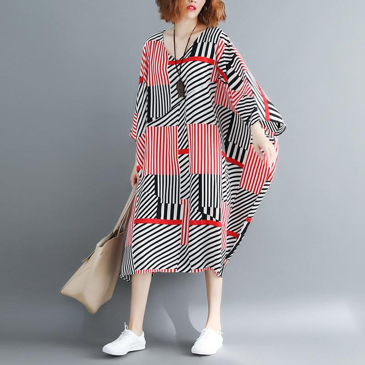 vintage striped cotton blended dress trendy plus size v neck baggy dresses gown New batwing Sleeve asymmetric dresses - Omychic
