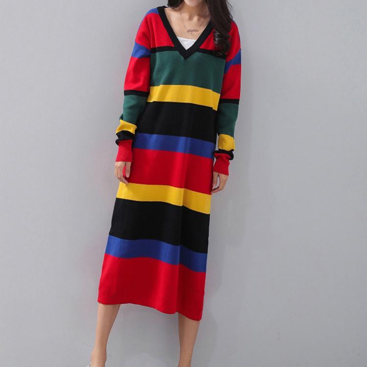 vintage striped plus size V neck gown boutique long sleeve slim caftans - Omychic