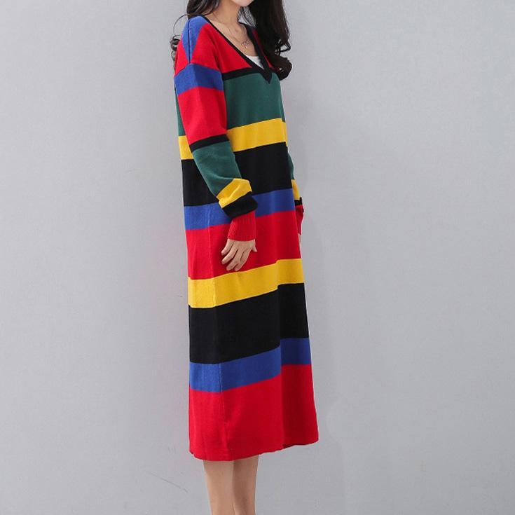 vintage striped plus size V neck gown boutique long sleeve slim caftans - Omychic