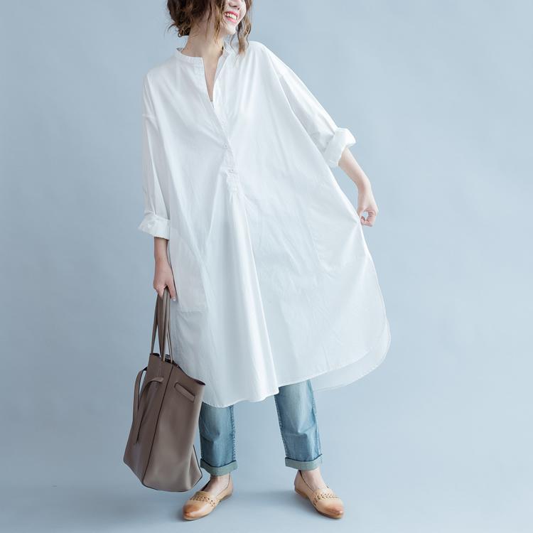 vintage white long cotton shirt dresses trendy plus size Stand asymmetric Fine long sleeve side open cotton shirt dresses - Omychic