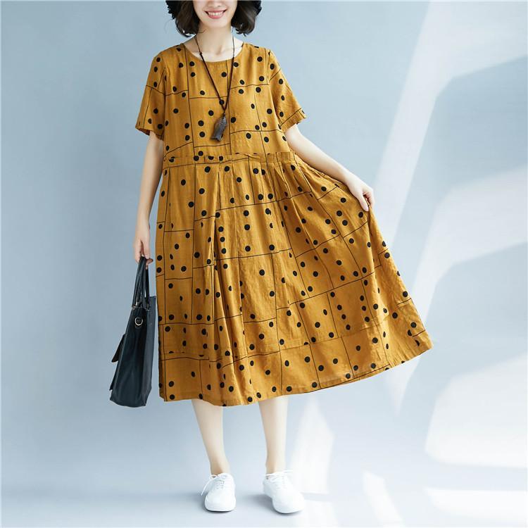 vintage yellow dotted cotton linen dress plus size O neck baggy dresses cotton linen clothing dress Elegant short sleeve patchwork dresses - Omychic