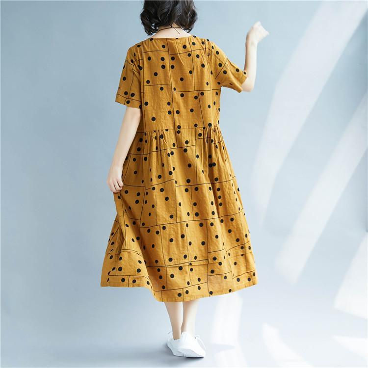 vintage yellow dotted cotton linen dress plus size O neck baggy dresses cotton linen clothing dress Elegant short sleeve patchwork dresses - Omychic