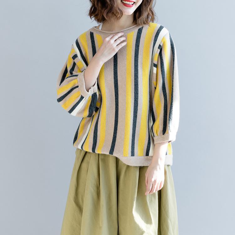 vintage yellow striped  knit sweaters plus size clothing o neck knitted blouses top quality bracelet sleeved winter t shirt - Omychic