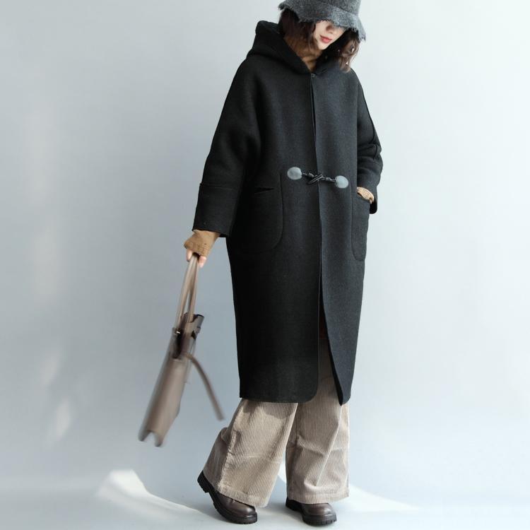 vintage black Wool Coat oversized hooded maxi coat vintage coats - Omychic