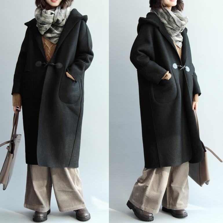 vintage black Wool Coat oversized hooded maxi coat vintage coats - Omychic
