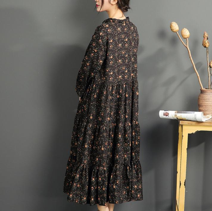 vintage black linen maxi dress casual prints cotton maxi dress casual v neck traveling clothing - Omychic