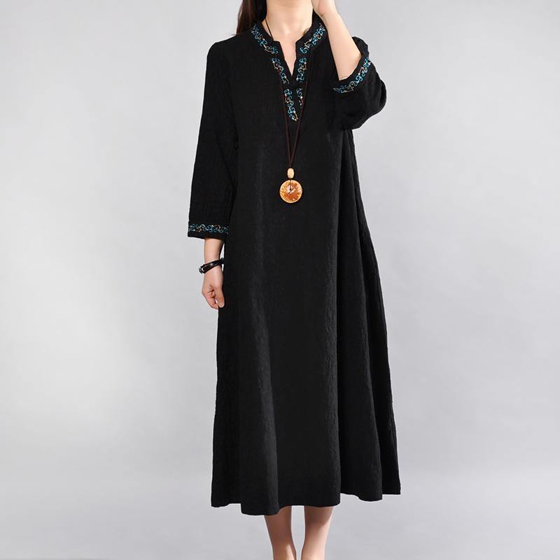 vintage black linen maxi dress plus size v neck cotton dresses New embroidery linen cotton dress - Omychic