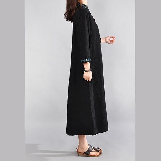 vintage black linen maxi dress plus size v neck cotton dresses New embroidery linen cotton dress - Omychic