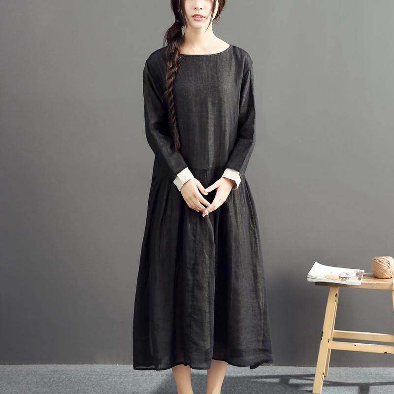 Vintage Black Long Linen Dress Loose Fitting Two Layered Long Cotton Dresses 2021 O Neck Linen Dresses - Omychic