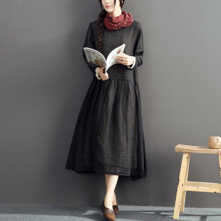 Vintage Black Long Linen Dress Loose Fitting Two Layered Long Cotton Dresses 2021 O Neck Linen Dresses - Omychic