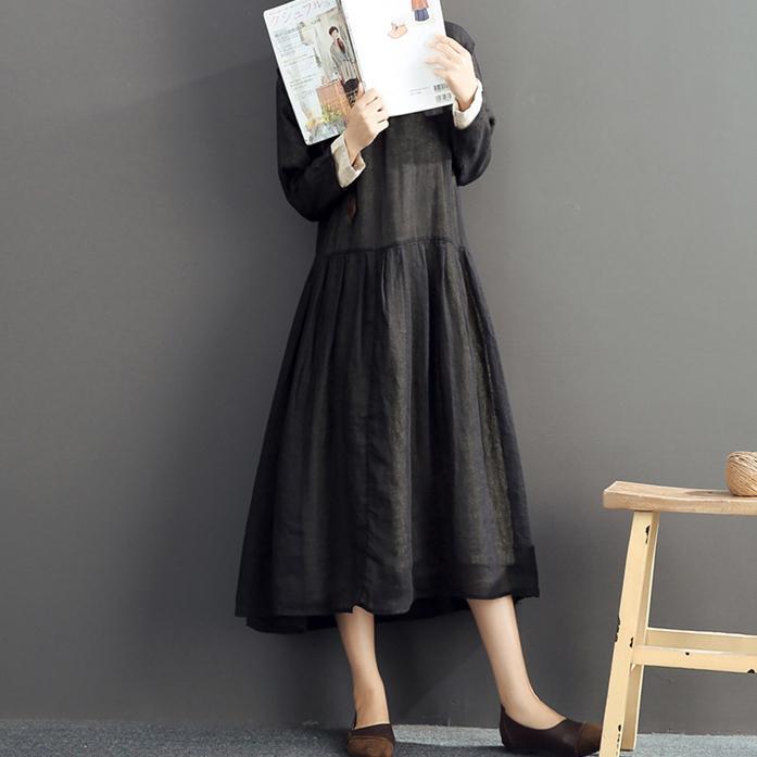 Vintage Black Long Linen Dress Loose Fitting Two Layered Long Cotton Dresses 2021 O Neck Linen Dresses - Omychic
