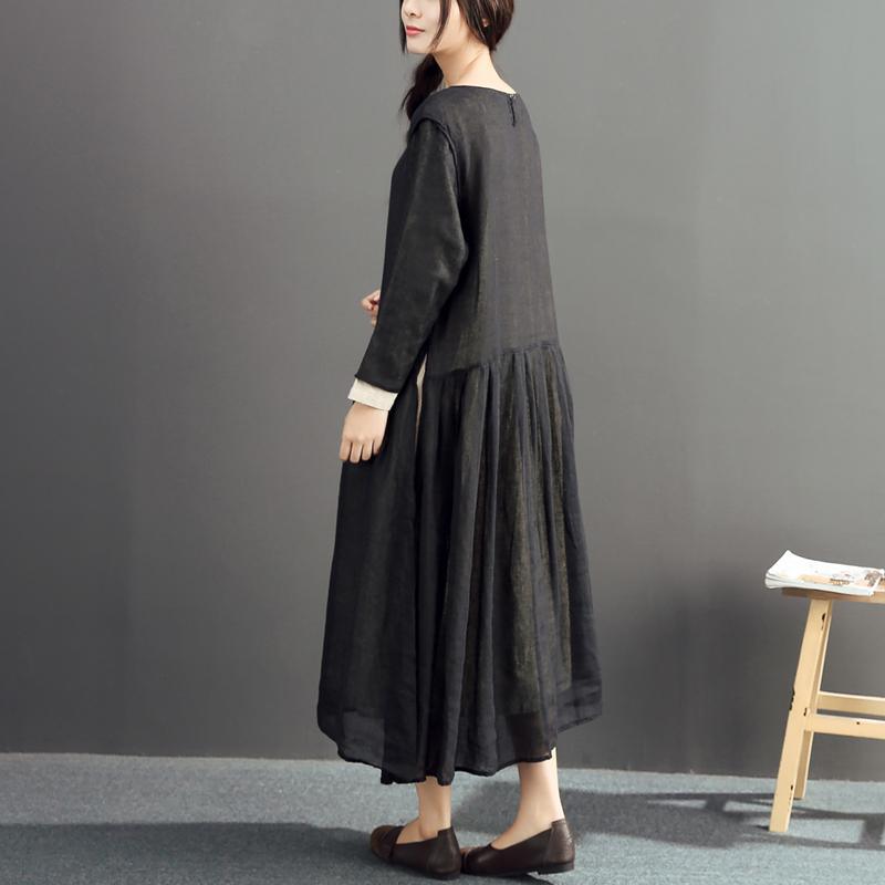 Vintage Black Long Linen Dress Loose Fitting Two Layered Long Cotton Dresses 2021 O Neck Linen Dresses - Omychic