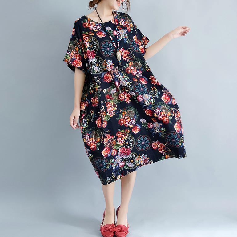 vintage black long linen dress trendy plus size prints cotton dress casual short sleeve linen dress - Omychic