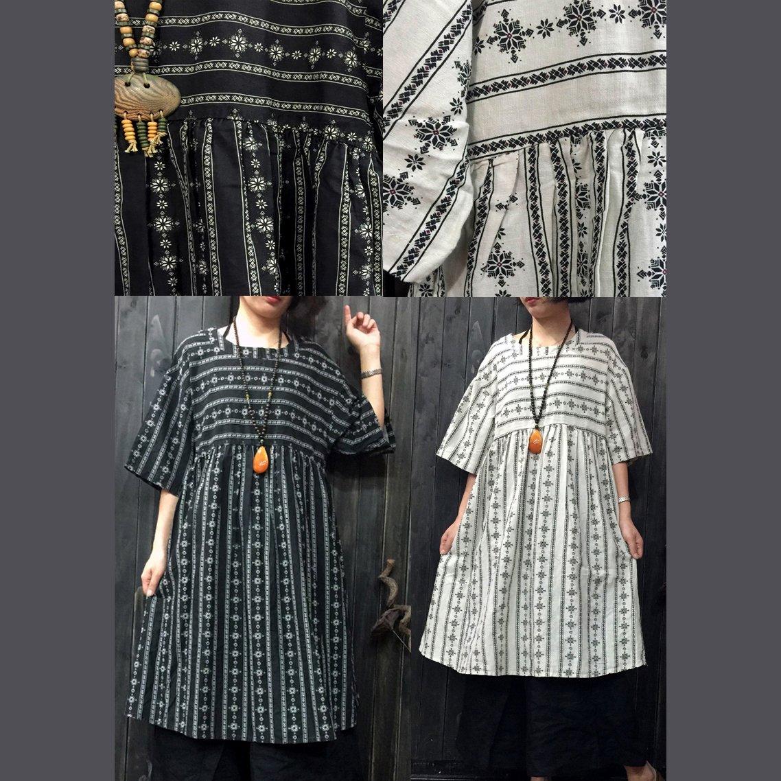 vintage black natural linen dress plussize linen cotton dress vintage short sleeve striped linen cotton dress - Omychic