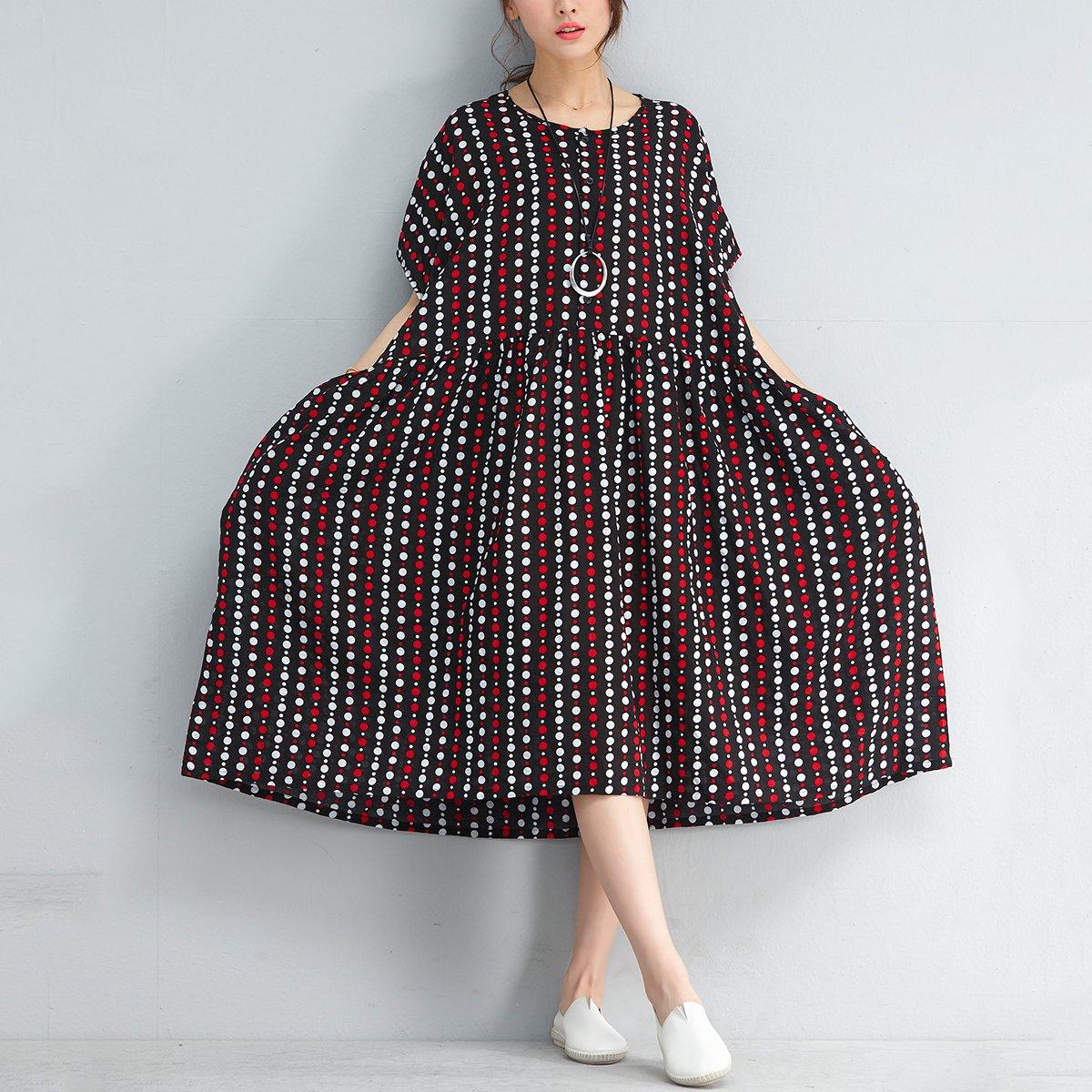vintage black striped dotted linen shift dresses casual holiday dresses Elegant baggy waist short sleeve midi dress - Omychic