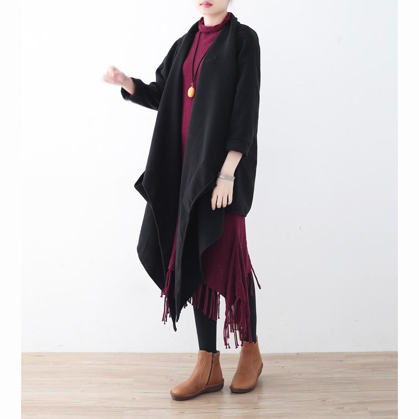 vintage black woolen Jackets & Coats plussize wool jackets Elegant long coats asymmetric hem - Omychic