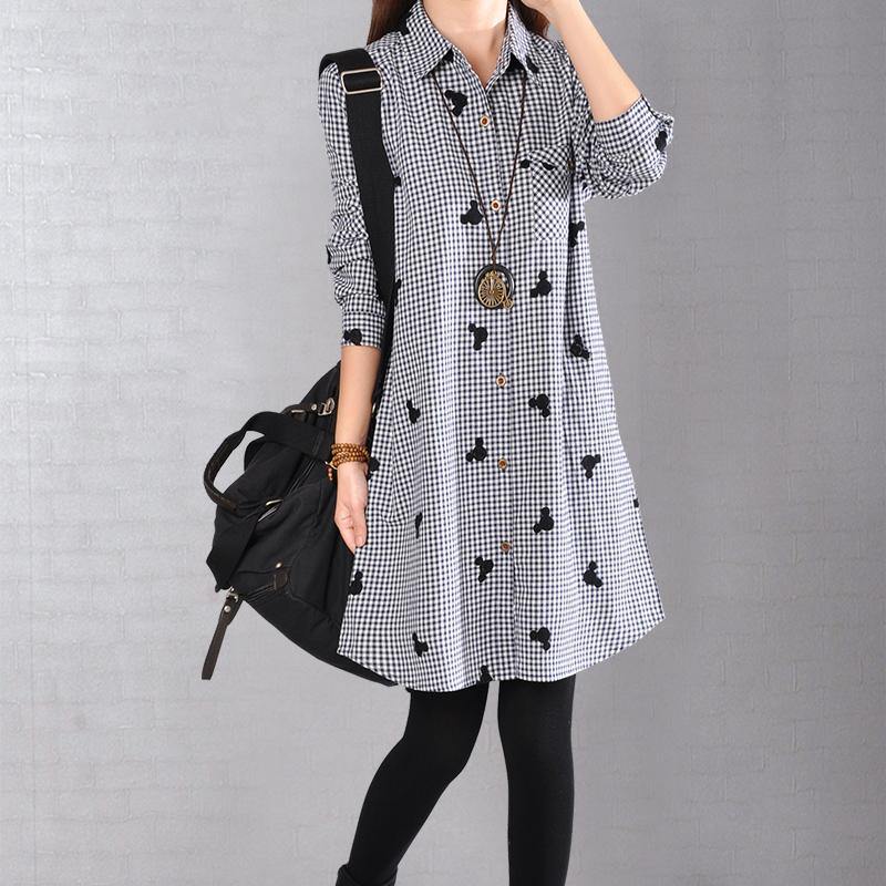 Vintage Blue Plaid Linen Shift Dresses Loose Fitting Casual Dress Fine Long Sleeve Dotted Linen Shirts Dresses - Omychic