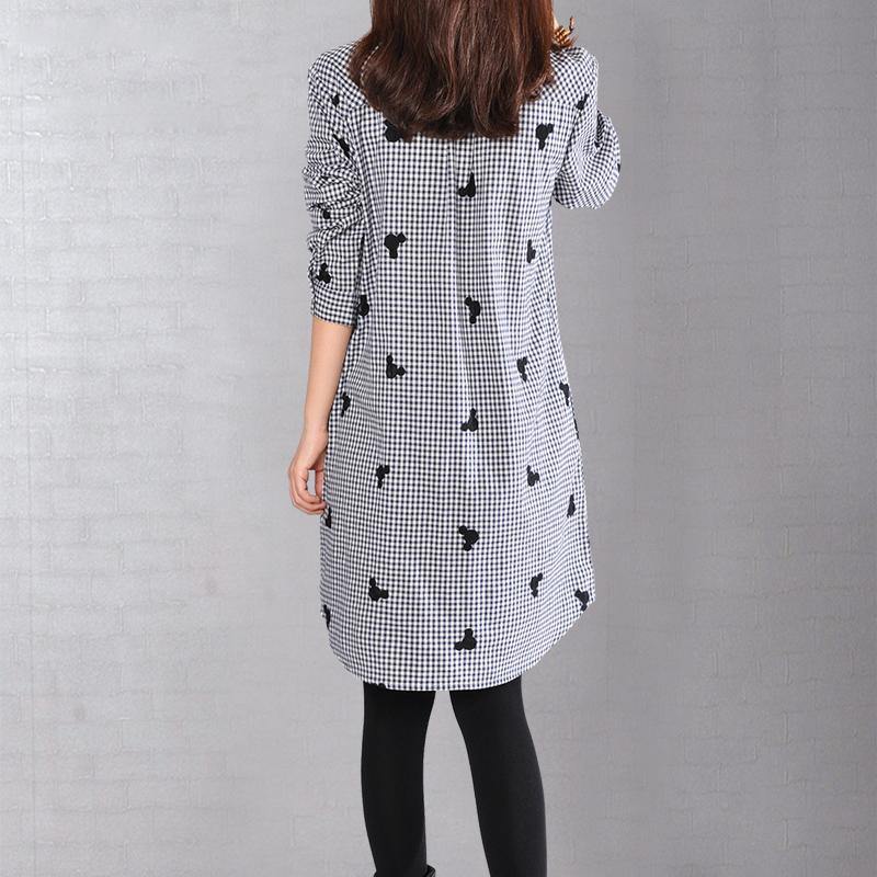 Vintage Blue Plaid Linen Shift Dresses Loose Fitting Casual Dress Fine Long Sleeve Dotted Linen Shirts Dresses - Omychic