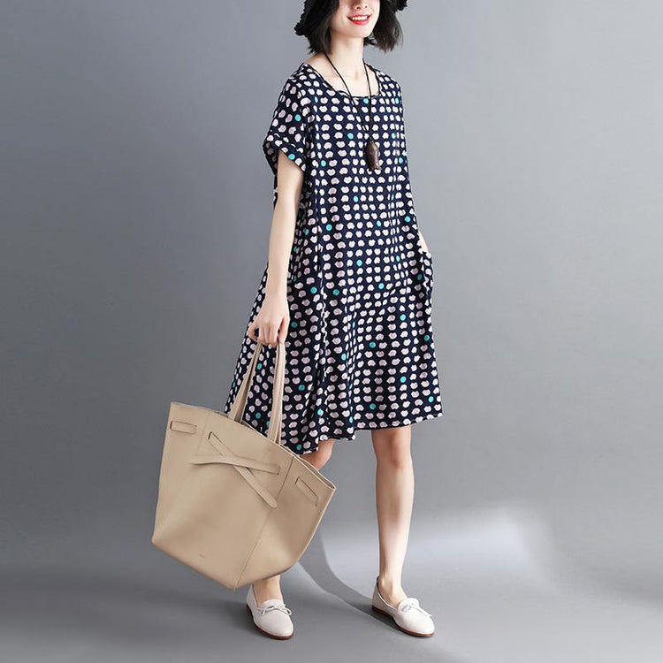 vintage blue prints Midi linen dresses casual linen cotton dress boutique pockets o neck dress - Omychic