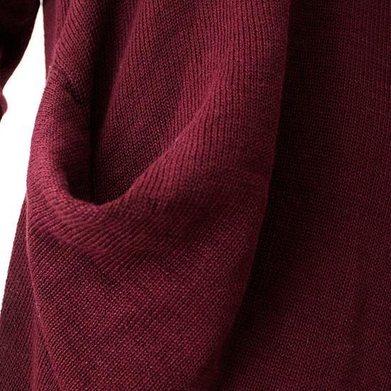 vintage burgundy knit dresses fall fashion o neck pullover women low high design long knit sweaters - Omychic