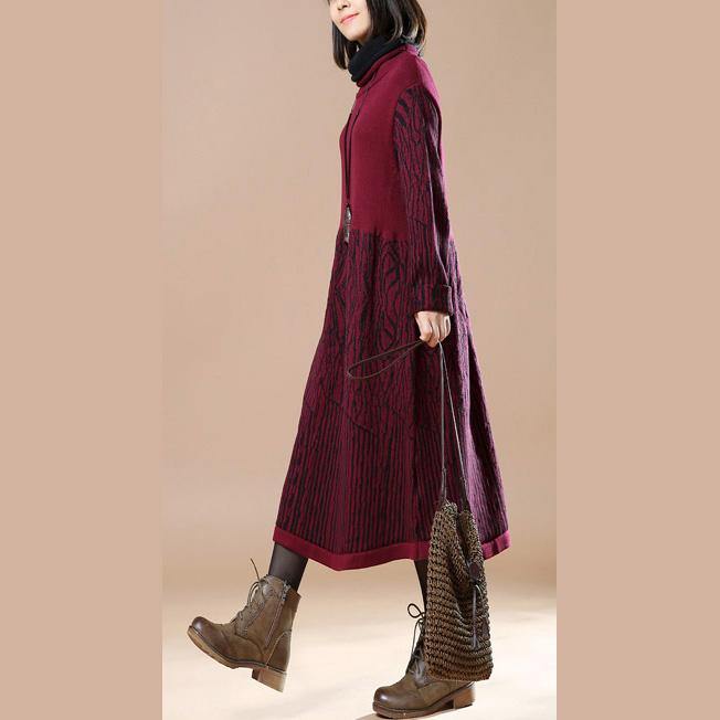 vintage burgundy knit dresses oversized pullover boutique long maxi dress sweaters floral - Omychic