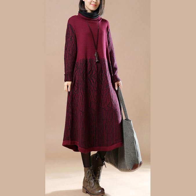 vintage burgundy knit dresses oversized pullover boutique long maxi dress sweaters floral - Omychic