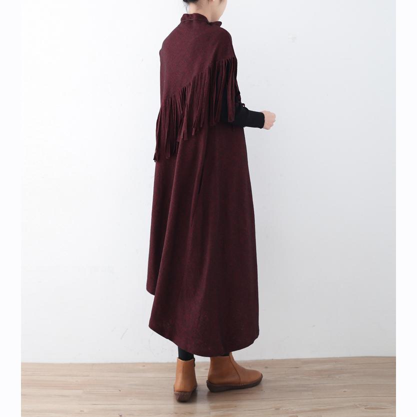 vintage burgundy knit dresses trendy plus size tassel winter dress Elegant asymmetric hem pullover - Omychic