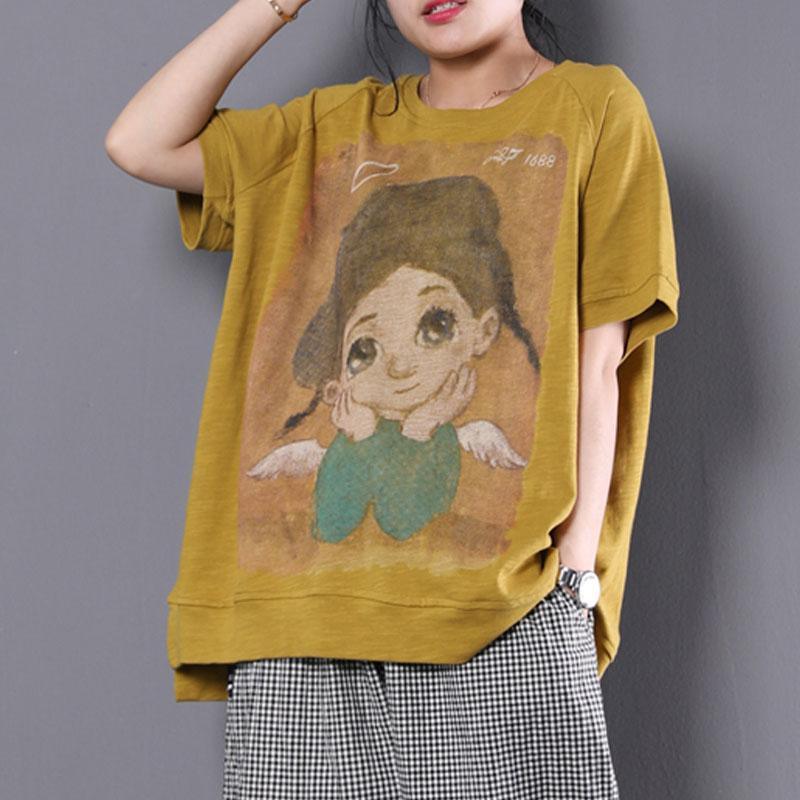 vintage cotton blouses trendy plus size Loose Cartoon Printed Short Sleeve Yellow T-shirt - Omychic