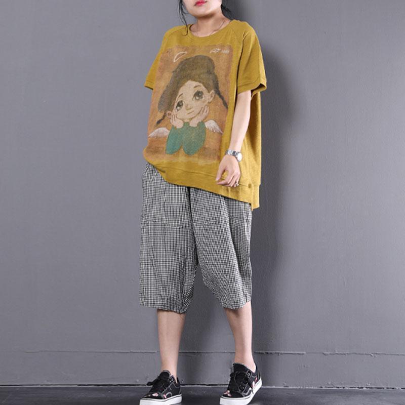vintage cotton blouses trendy plus size Loose Cartoon Printed Short Sleeve Yellow T-shirt - Omychic