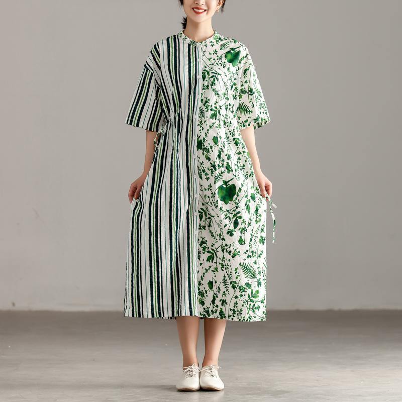 vintage cotton maxi dress plus size Casual Short Sleeve Slit Pockets Pleated Green Dress - Omychic