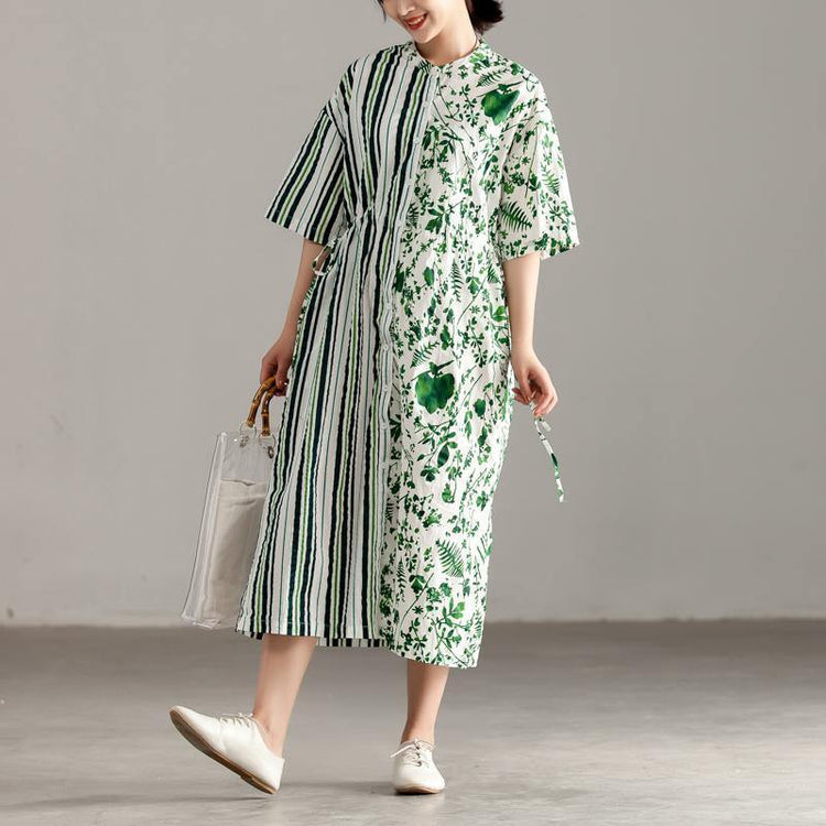 vintage cotton maxi dress plus size Casual Short Sleeve Slit Pockets Pleated Green Dress - Omychic