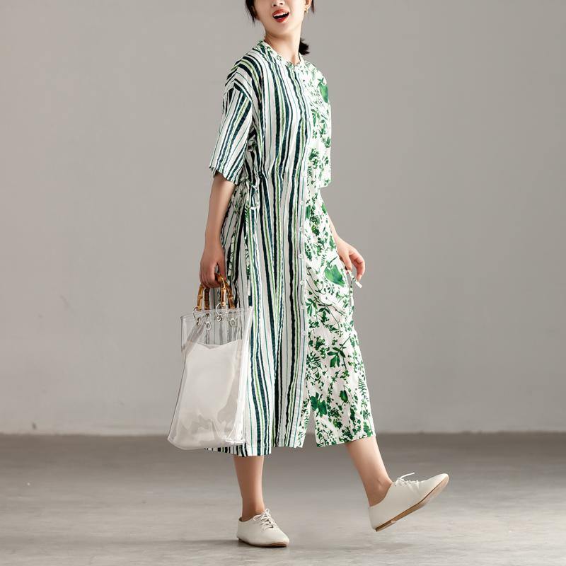 vintage cotton maxi dress plus size Casual Short Sleeve Slit Pockets Pleated Green Dress - Omychic