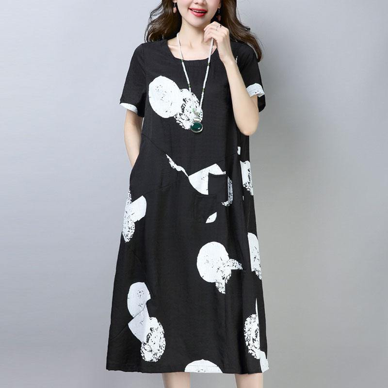 vintage cotton shift dress plus size clothing Casual Short Sleeve Round Neck Printed Black Dress - Omychic