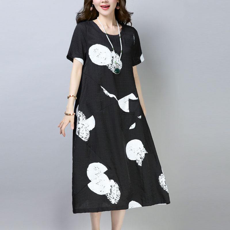vintage cotton shift dress plus size clothing Casual Short Sleeve Round Neck Printed Black Dress - Omychic