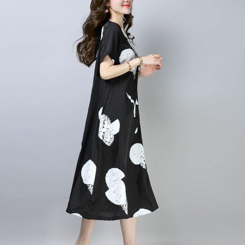 vintage cotton shift dress plus size clothing Casual Short Sleeve Round Neck Printed Black Dress - Omychic