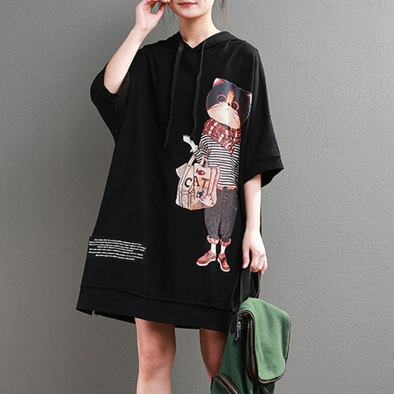 vintage cotton summer dress trendy plus size Hoodie Loose 12 Sleeve Printed Black Short Dress - Omychic