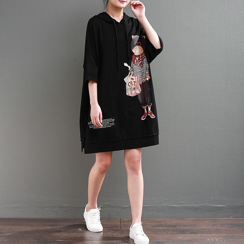 vintage cotton summer dress trendy plus size Hoodie Loose 12 Sleeve Printed Black Short Dress - Omychic