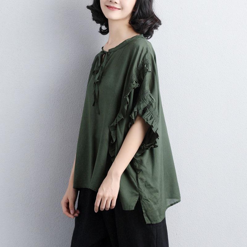 vintage cotton tops Loose fitting Loose Summer Short Sleeve Green Lacing Women Tops - Omychic