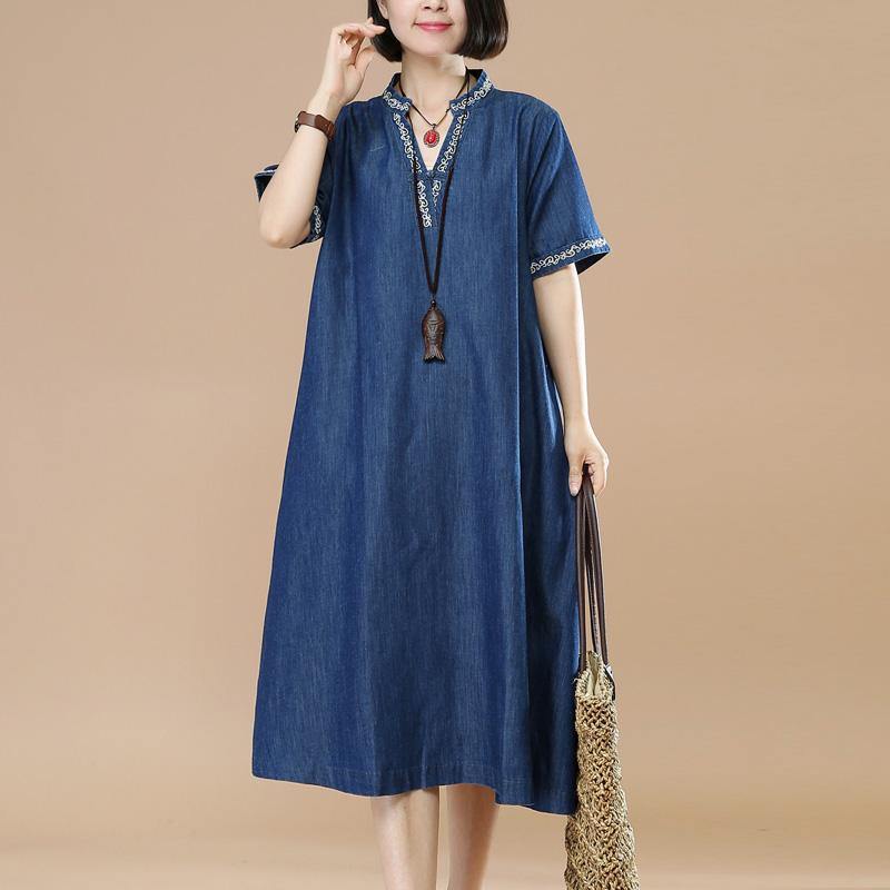 vintage denim blue cotton shift dress embroidery casual sundress v neck dress - Omychic