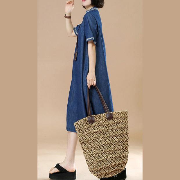vintage denim blue cotton shift dress embroidery casual sundress v neck dress - Omychic