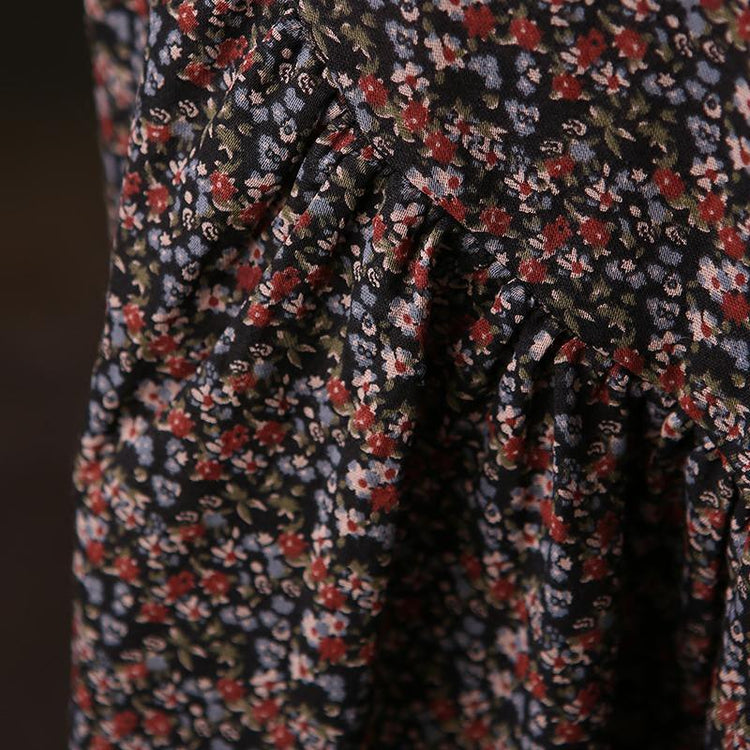 vintage floral cotton dresses oversize casual dress women high waist long sleeve cotton clothing dresses - Omychic