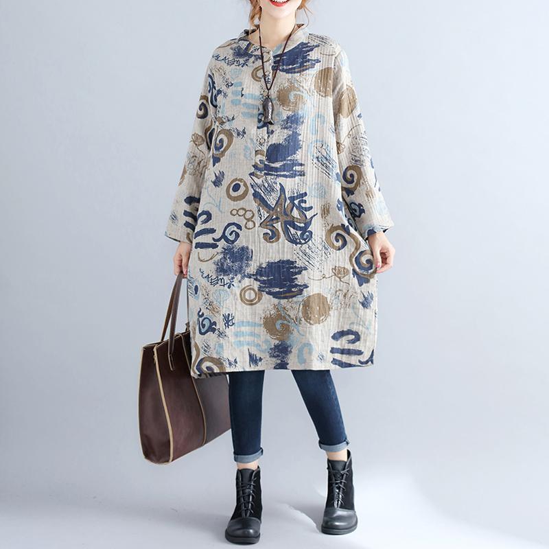 vintage floral pure cotton dress casual dress Elegant stand collar long sleeve cotton dress - Omychic