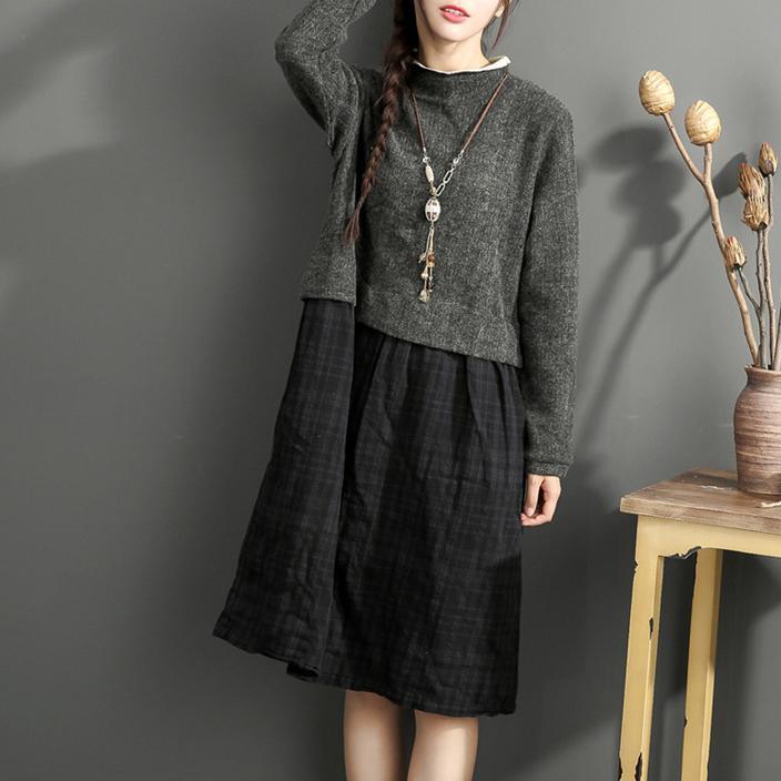 vintage gray black patchwork long linen dress plus size o neck cotton maxi dress casual long sleeve cotton clothing - Omychic