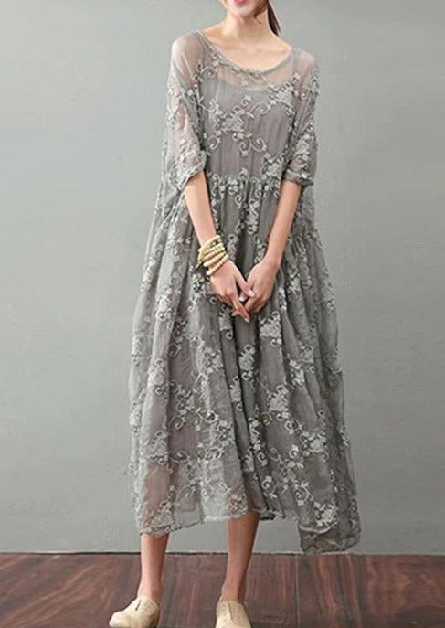 Vintage Gray Maxi Dress Trendy Plus Size Lace Gown Bracelet Sleeve