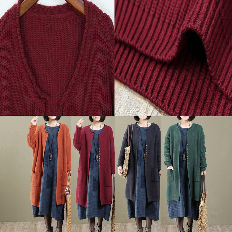 vintage green V neck knit cardigans long sweater coats - Omychic