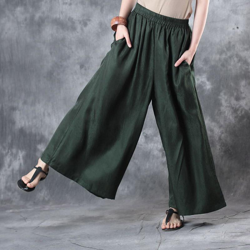 vintage green casual silk pants plus size elastic waist wide leg pants - Omychic