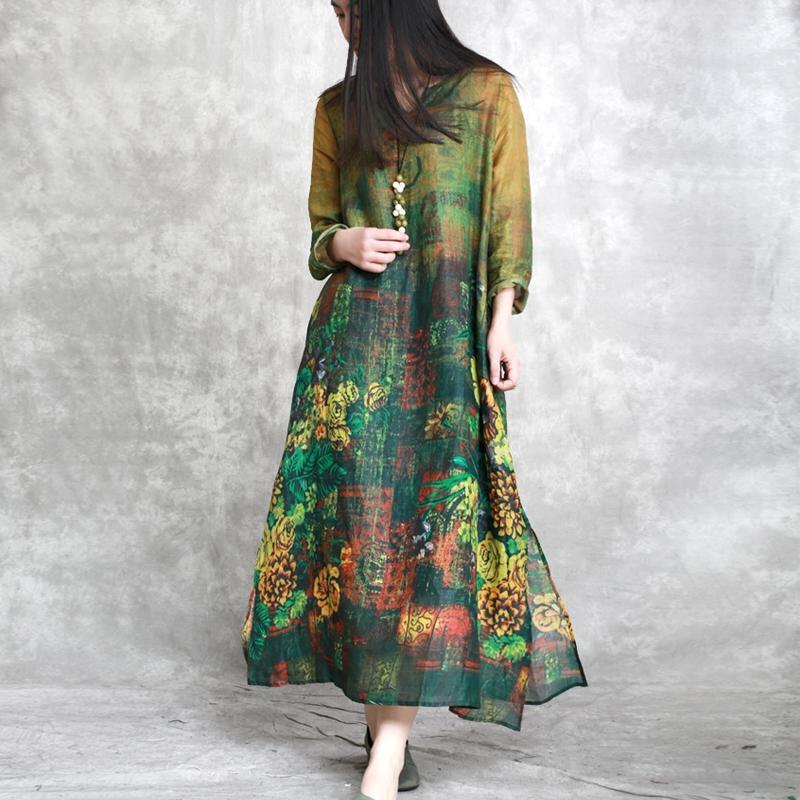 Vintage Green Linen Dresses Casual Linen Clothing Dress Vintage Side Open Prints Dresses - Omychic