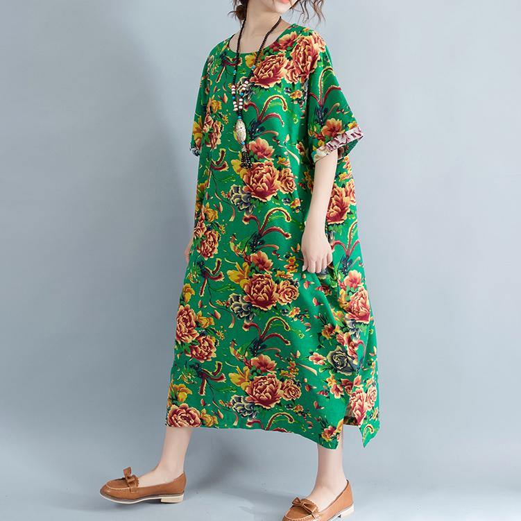 vintage green linen dresses oversized floral cotton gown Elegant short sleeve linen clothing dress - Omychic