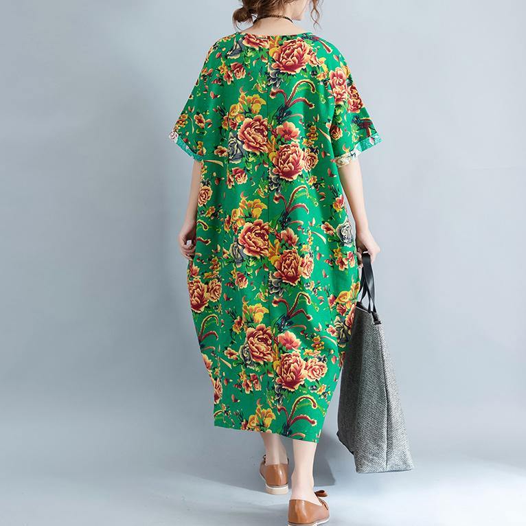 vintage green linen dresses oversized floral cotton gown Elegant short sleeve linen clothing dress - Omychic