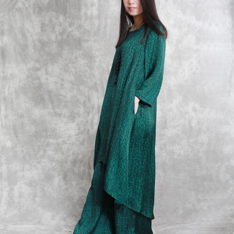 vintage green prints silk prints two pieces casual mid long tops and elastic waist pants - Omychic